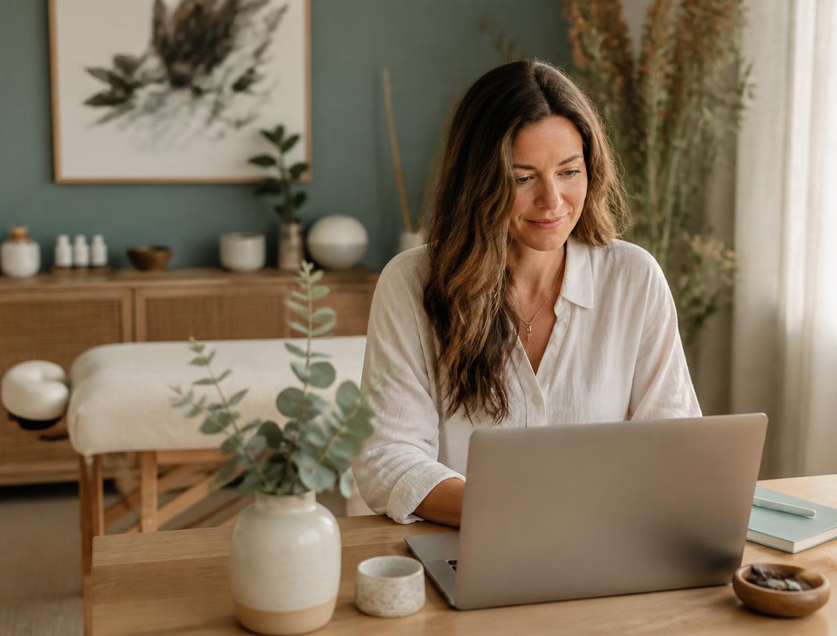Natural health practitioner planning a website at a warm, plant-filled desk